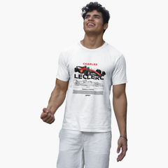 Man wearing a white t-shirt with a Formula 1 car design and text on a white background