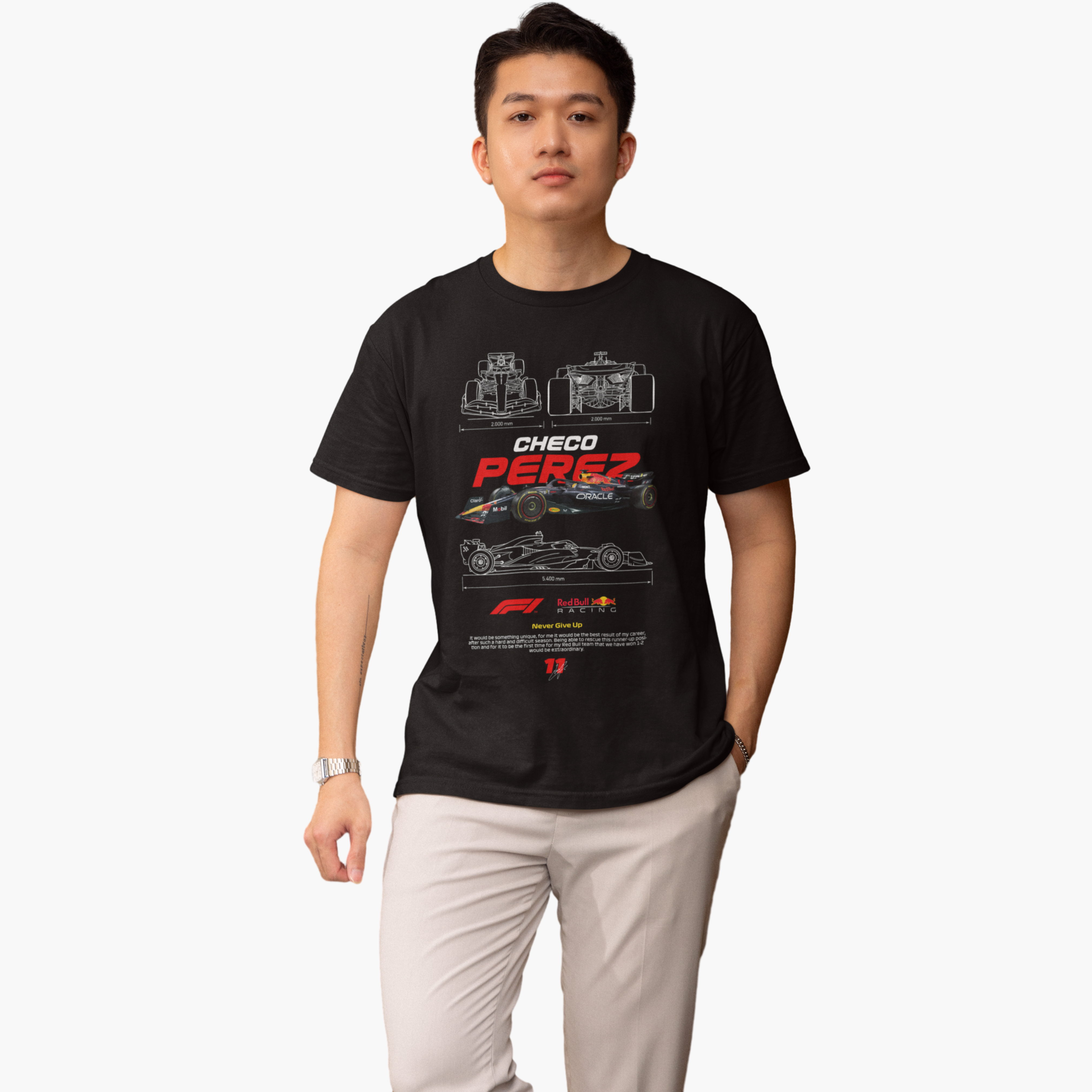 Person wearing a black t-shirt with a graphic design on a white background