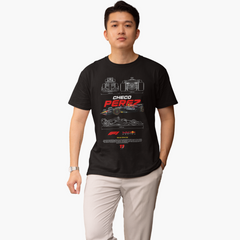 Person wearing a black t-shirt with a graphic design on a white background