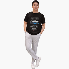 Man wearing a black t-shirt with 'Chiron' design on a white background