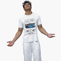 Person wearing a white t-shirt with a car design on a white background