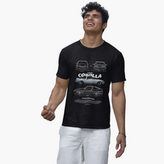 Man wearing a black t-shirt with a car design on a white background