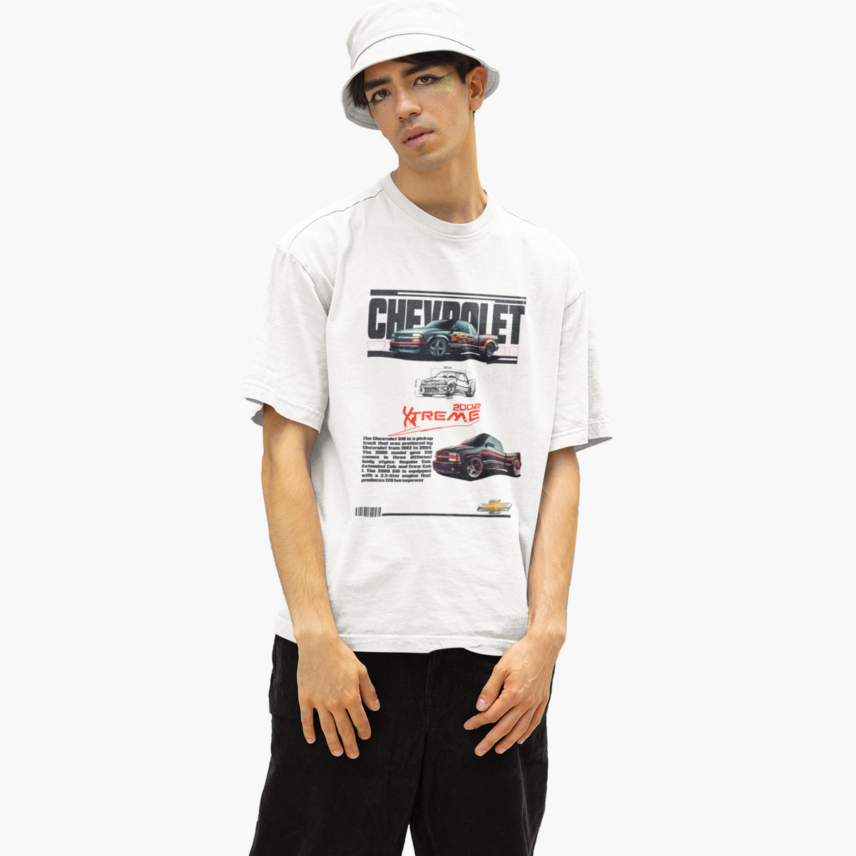 Person wearing a white t-shirt with Chevrolet graphics on a white background