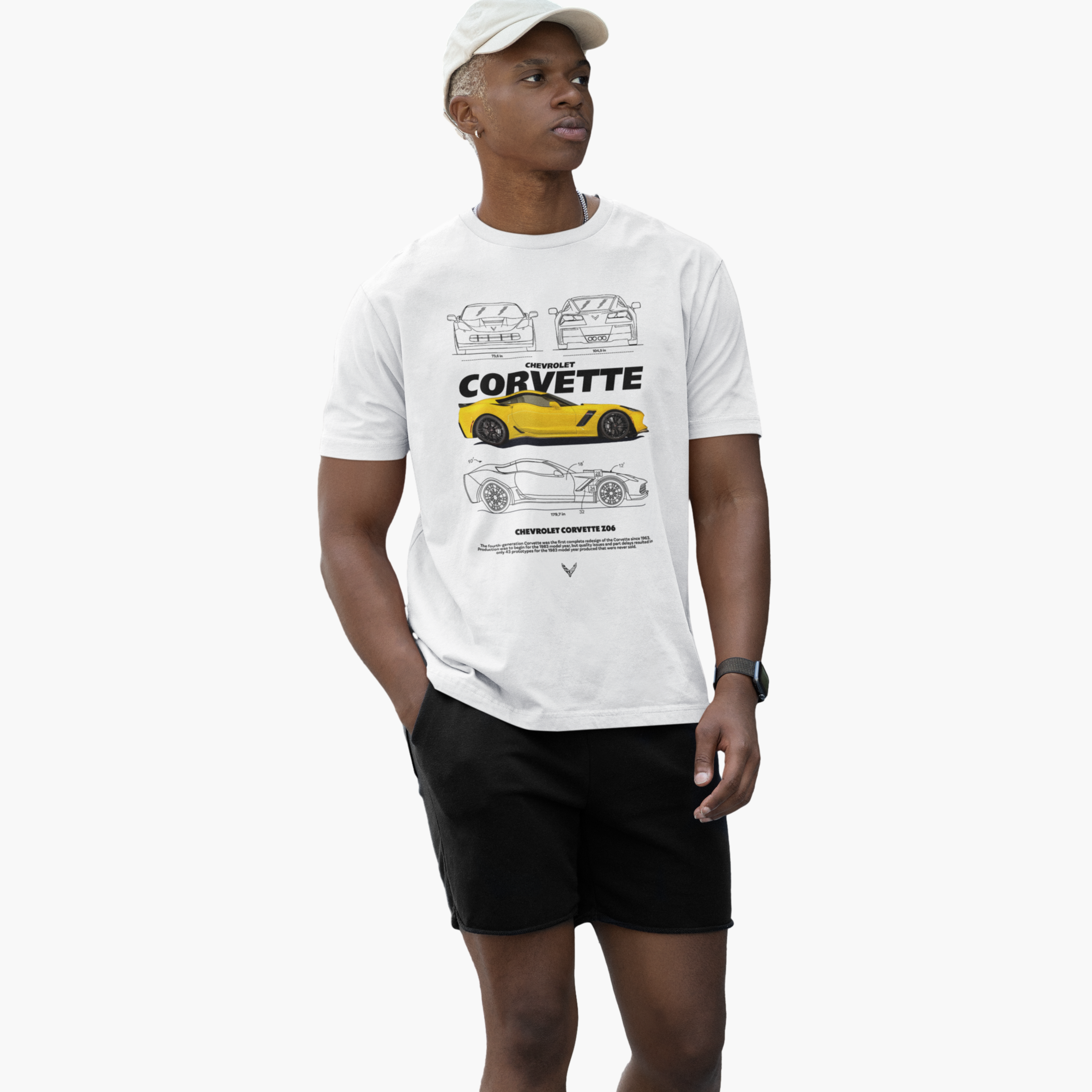 Person wearing a white t-shirt with Corvette graphics on a white background