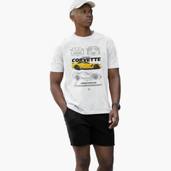 Person wearing a white t-shirt with Corvette graphics on a white background