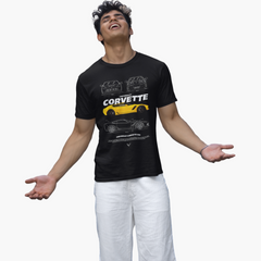 Person wearing a black Corvette t-shirt with car graphics on a white background