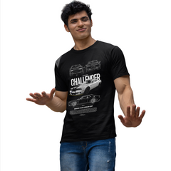 Man wearing a black t-shirt with car graphics and text on a white background