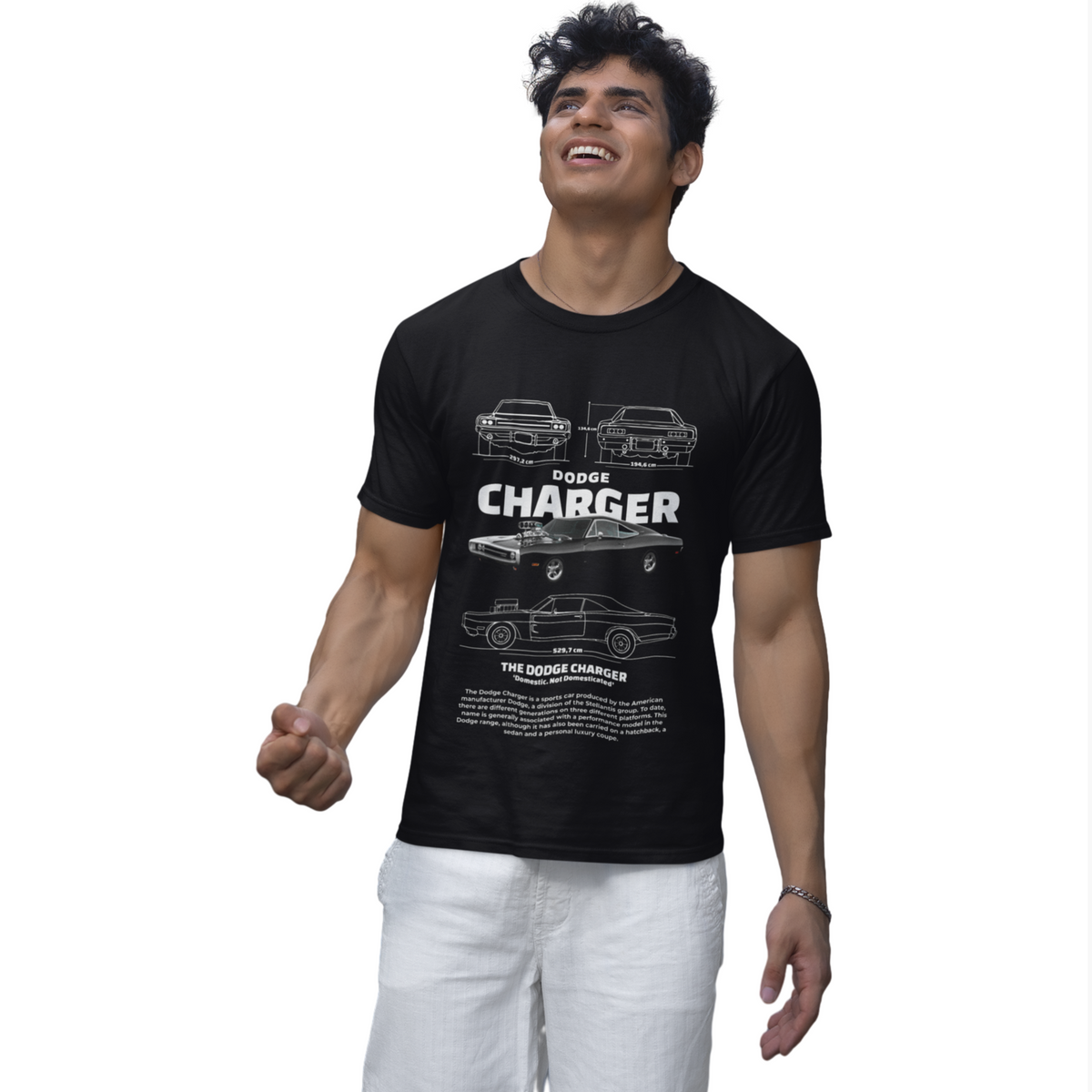 Man wearing a black t-shirt with 'Dodge Charger' design on a white background