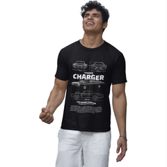 Man wearing a black t-shirt with 'Dodge Charger' design on a white background