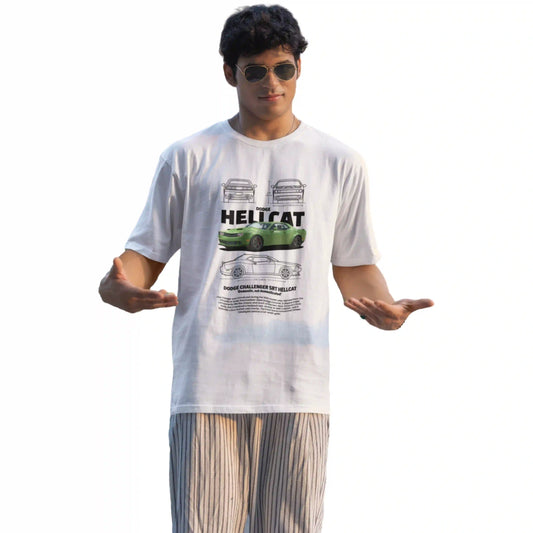 Person wearing a white t-shirt with a graphic design on a white background