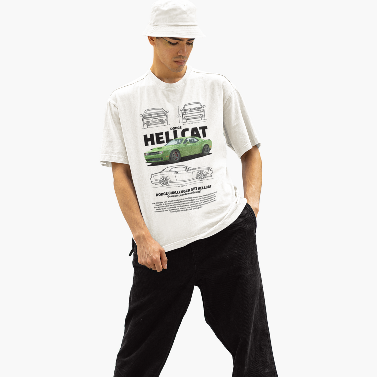 Person wearing a white t-shirt with car graphics and text on a white background