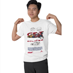 Person wearing a white t-shirt with car graphics and text on a white background