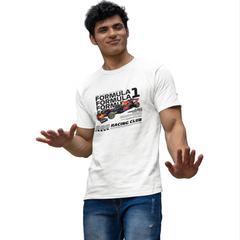 Person wearing a white Formula 1 t-shirt with graphics on a white background