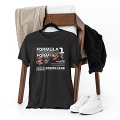 Black t-shirt with Formula 1 graphics on a chair with jeans and sneakers.