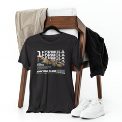 Black t-shirt with 'Formula Racing Club' design on a chair with jeans and sneakers.