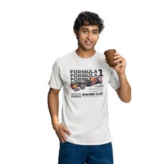 Man wearing a Formula 1-themed t-shirt holding a cup on a white background