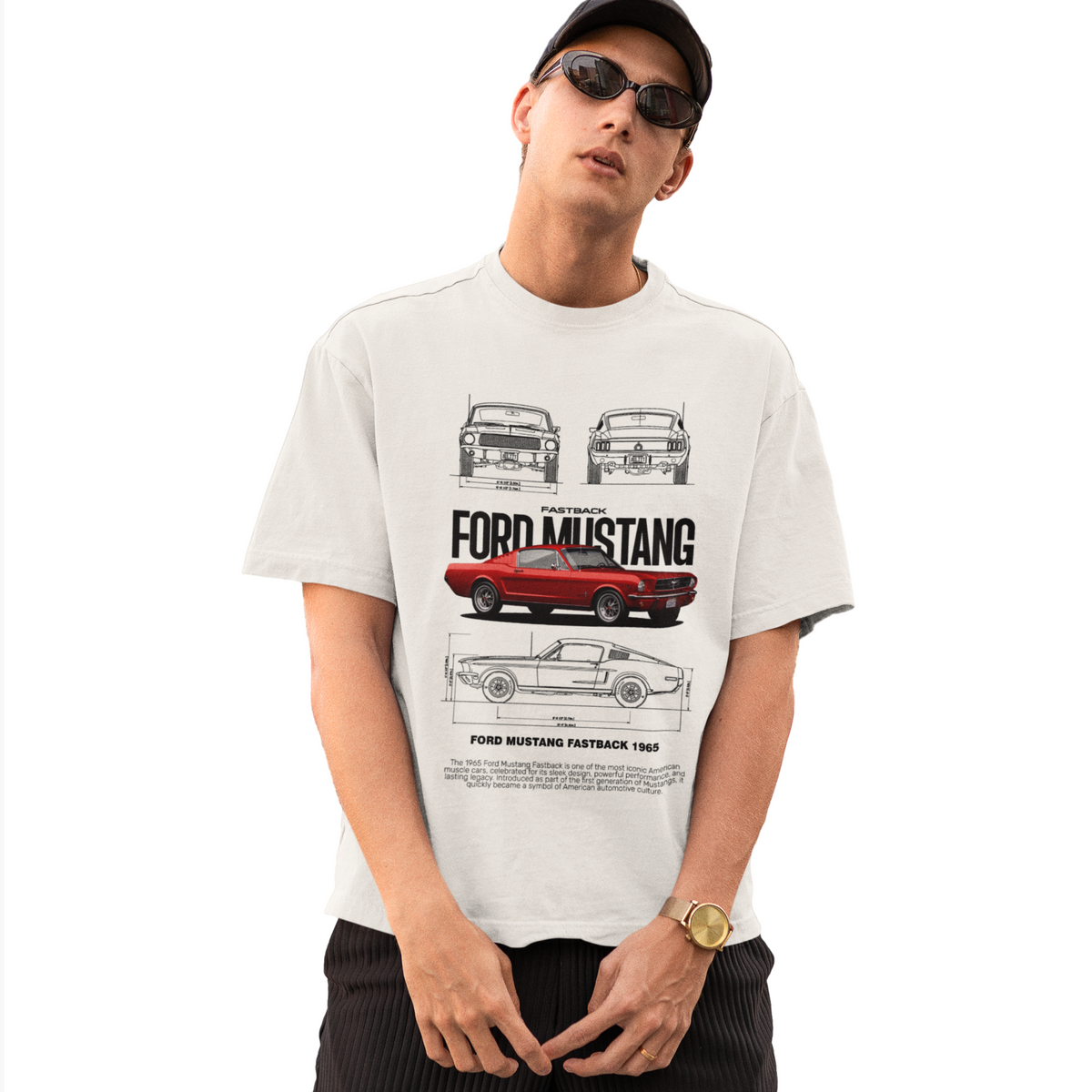 Person wearing a t-shirt with Ford Mustang graphics on a white background