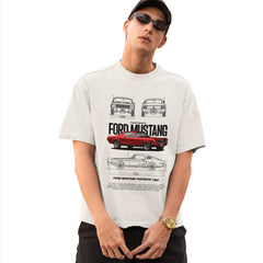 Person wearing a t-shirt with Ford Mustang graphics on a white background