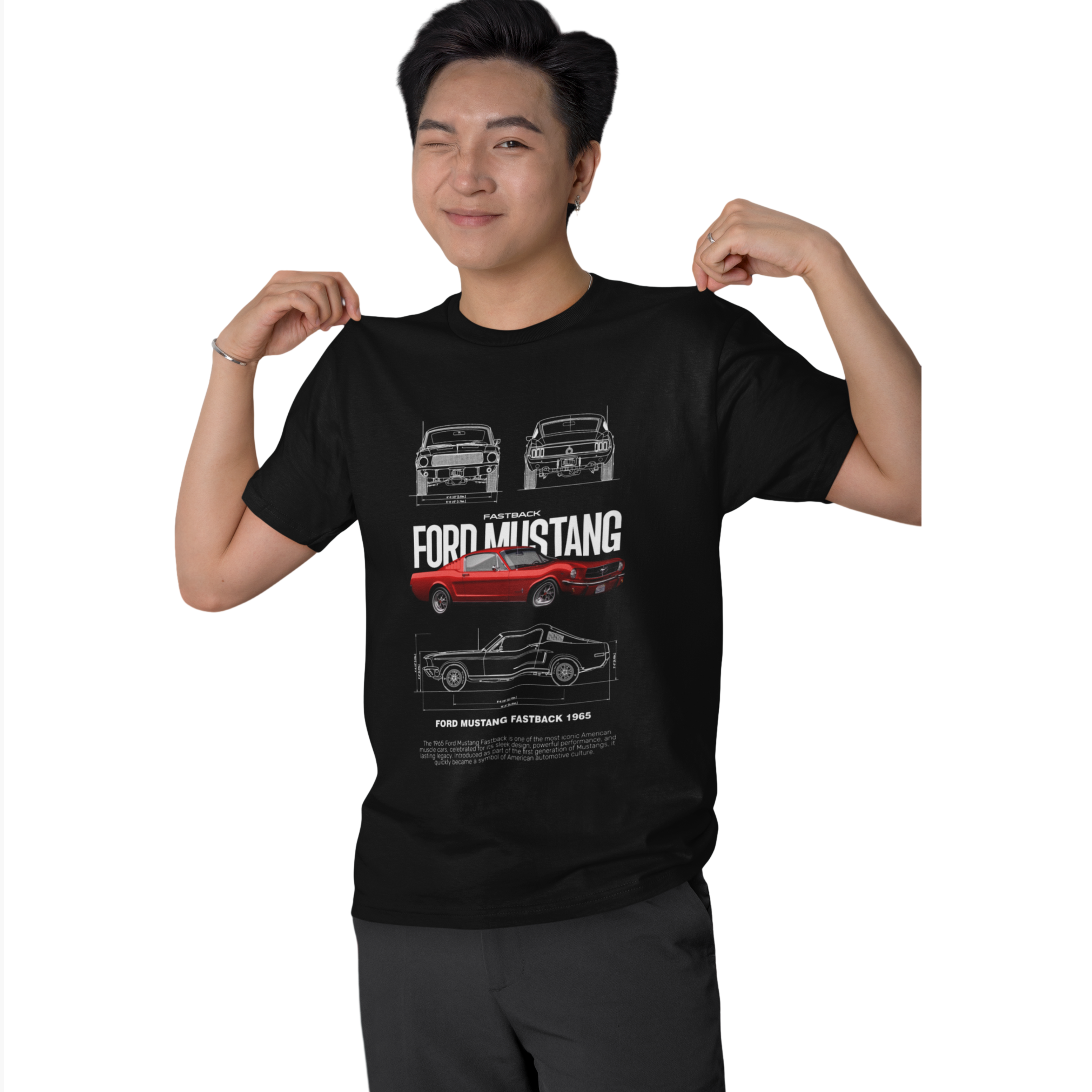 Person wearing a black t-shirt with Ford Mustang graphics on a white background