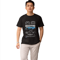 Person wearing a black t-shirt with Ford Mustang graphics on a white background