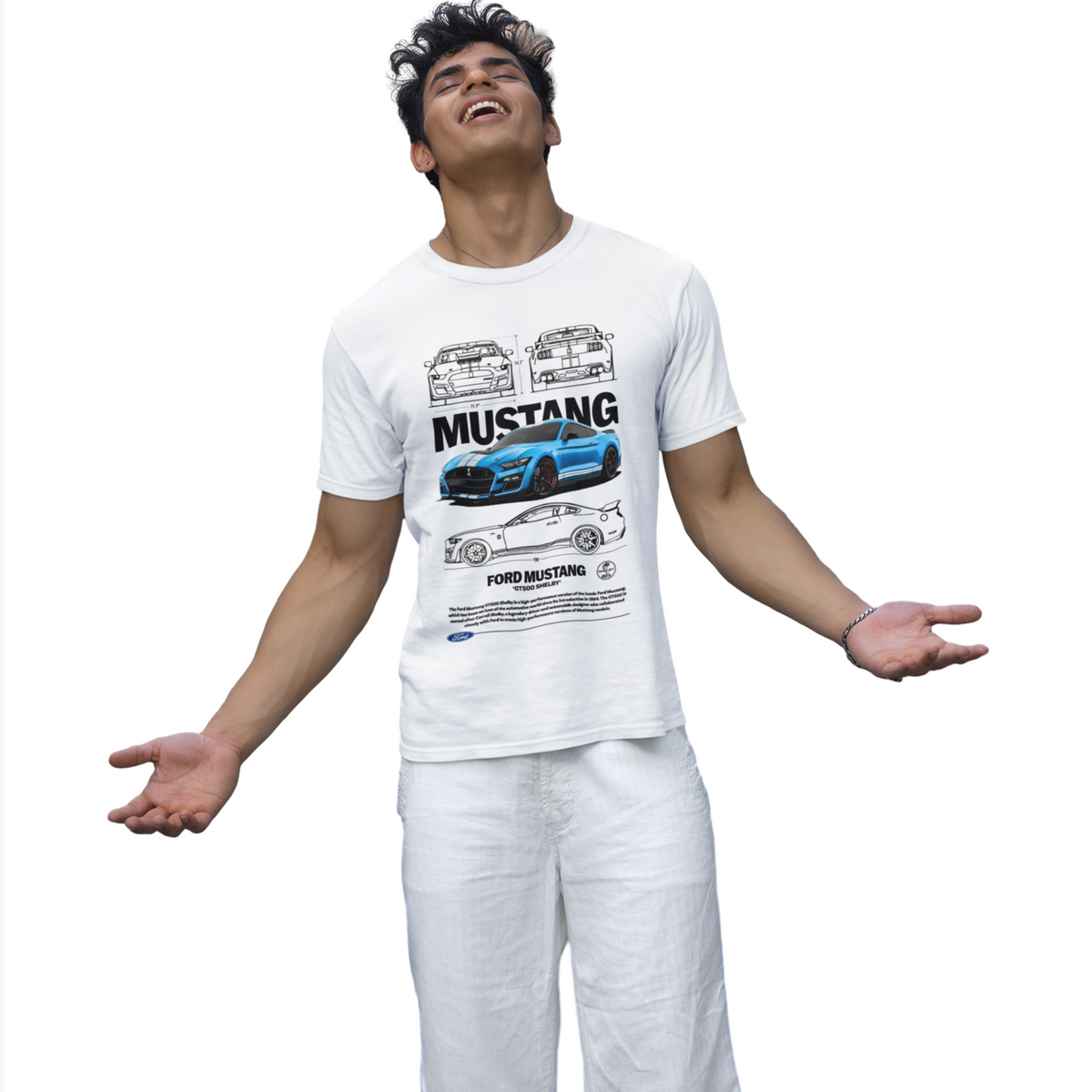 Person wearing a white t-shirt with Ford Mustang graphics on a white background