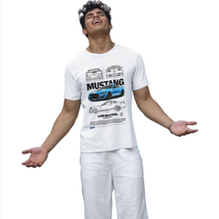 Person wearing a white t-shirt with Ford Mustang graphics on a white background