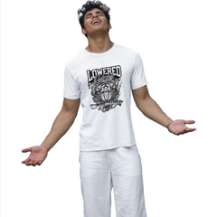 Person wearing a white t-shirt with graphic design on a white background