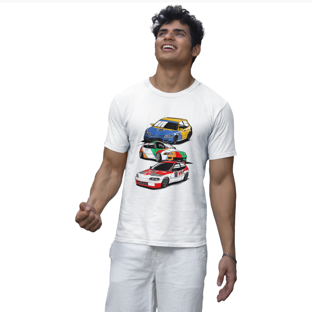 Man wearing a white t-shirt with car graphics on a white background