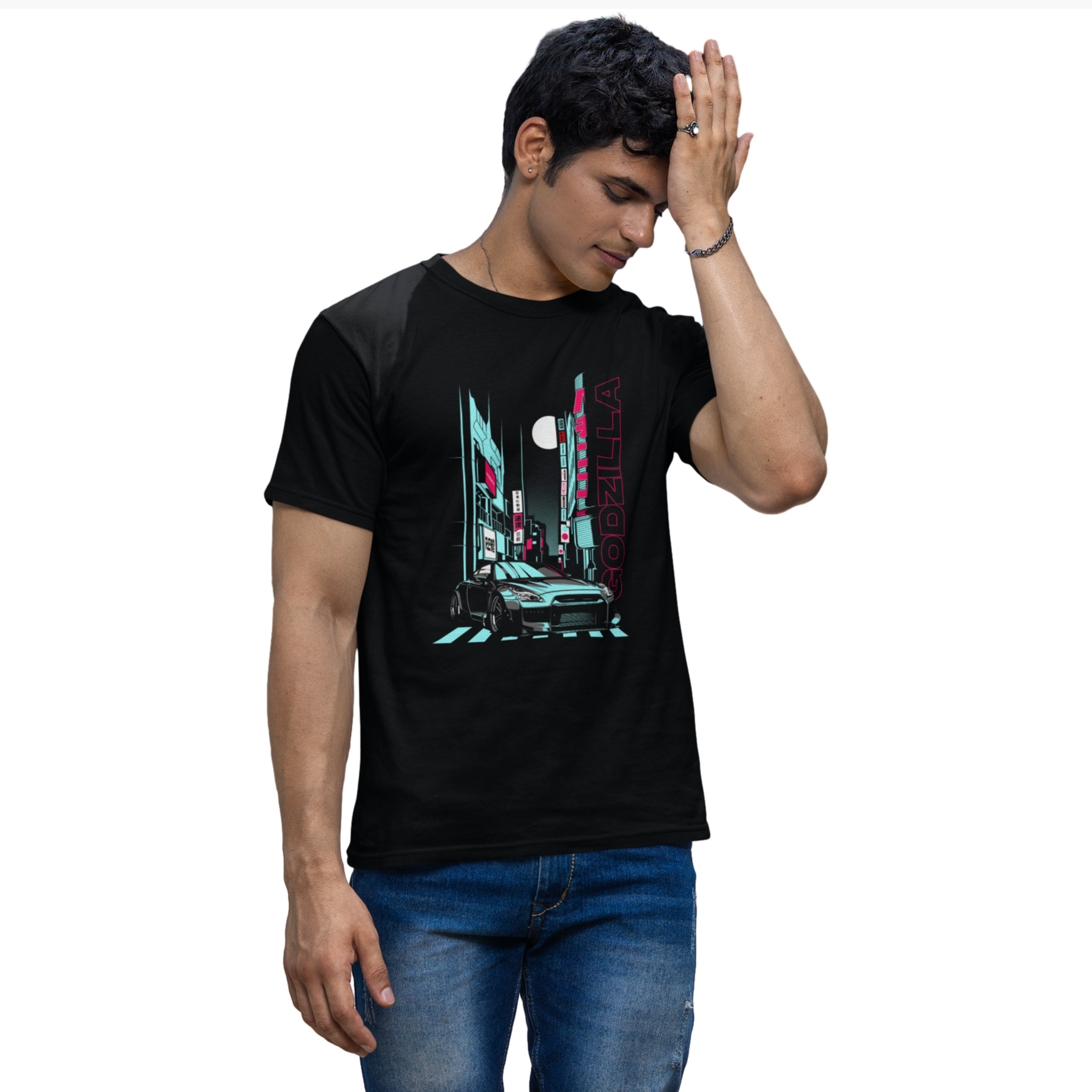 Person wearing a black t-shirt with a colorful graphic design on a white background