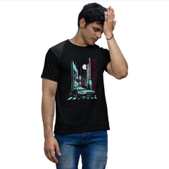 Person wearing a black t-shirt with a colorful graphic design on a white background