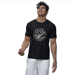 Man wearing a black t-shirt with a graphic design on a white background
