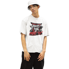 Person wearing a white t-shirt with a graphic design on a white background
