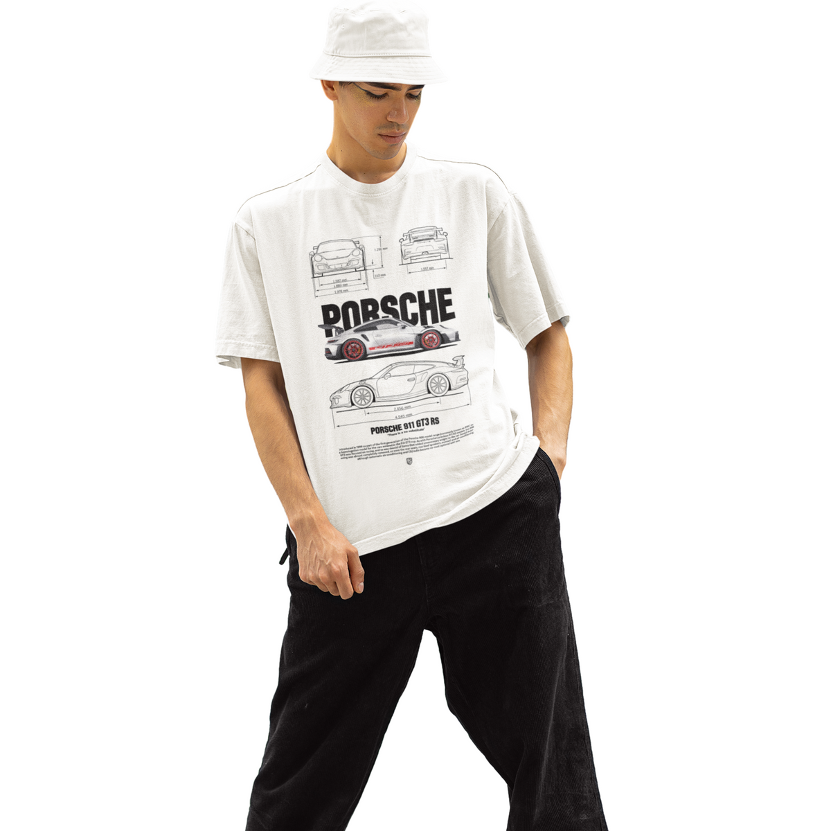 Person wearing a white t-shirt with Porsche logo and car design on a white background