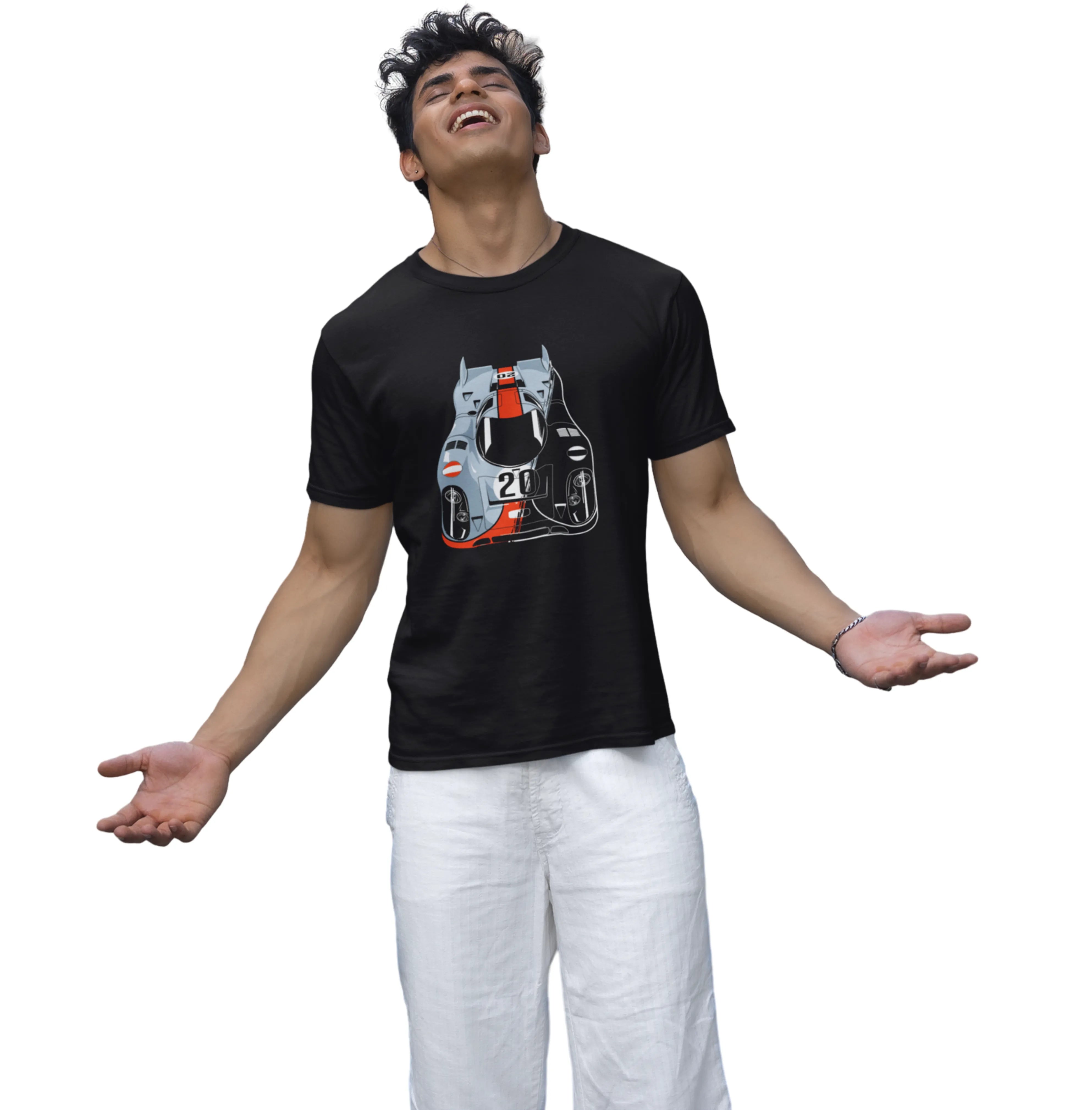 Person wearing a black t-shirt with a graphic design on a white background