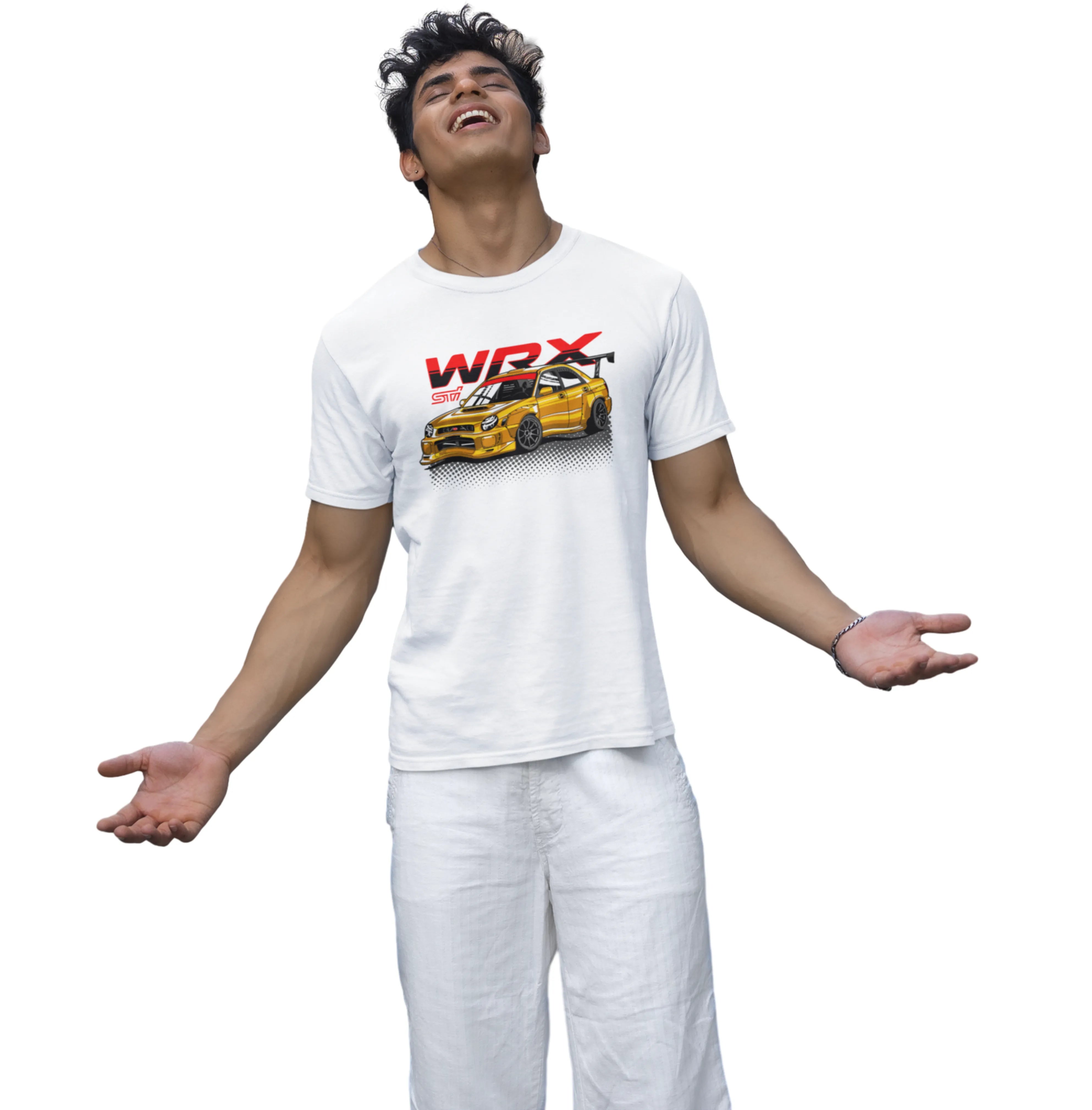 Person wearing a white t-shirt with a car graphic and 'WRX' text on a white background