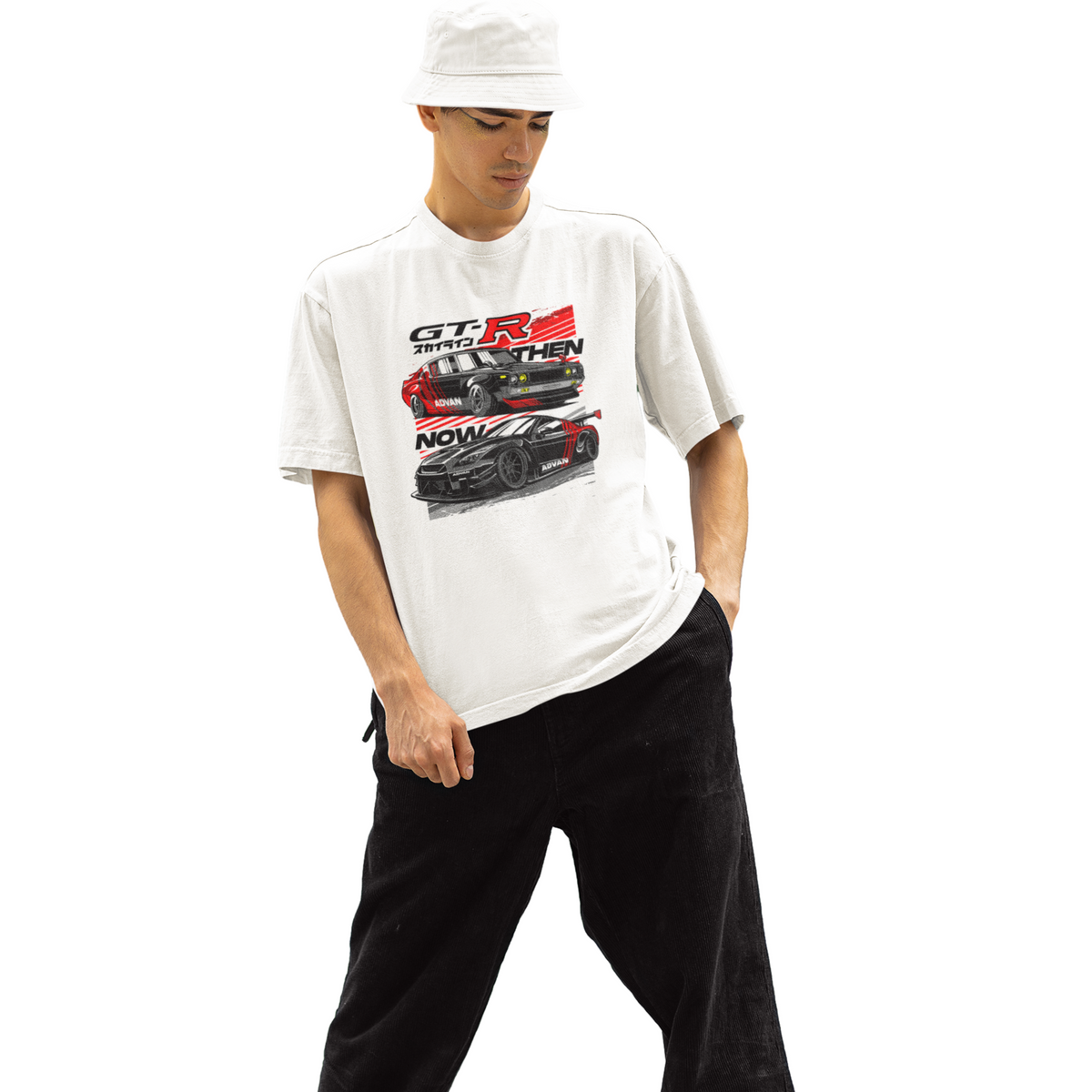 Person wearing a white t-shirt with a graphic design on a white background