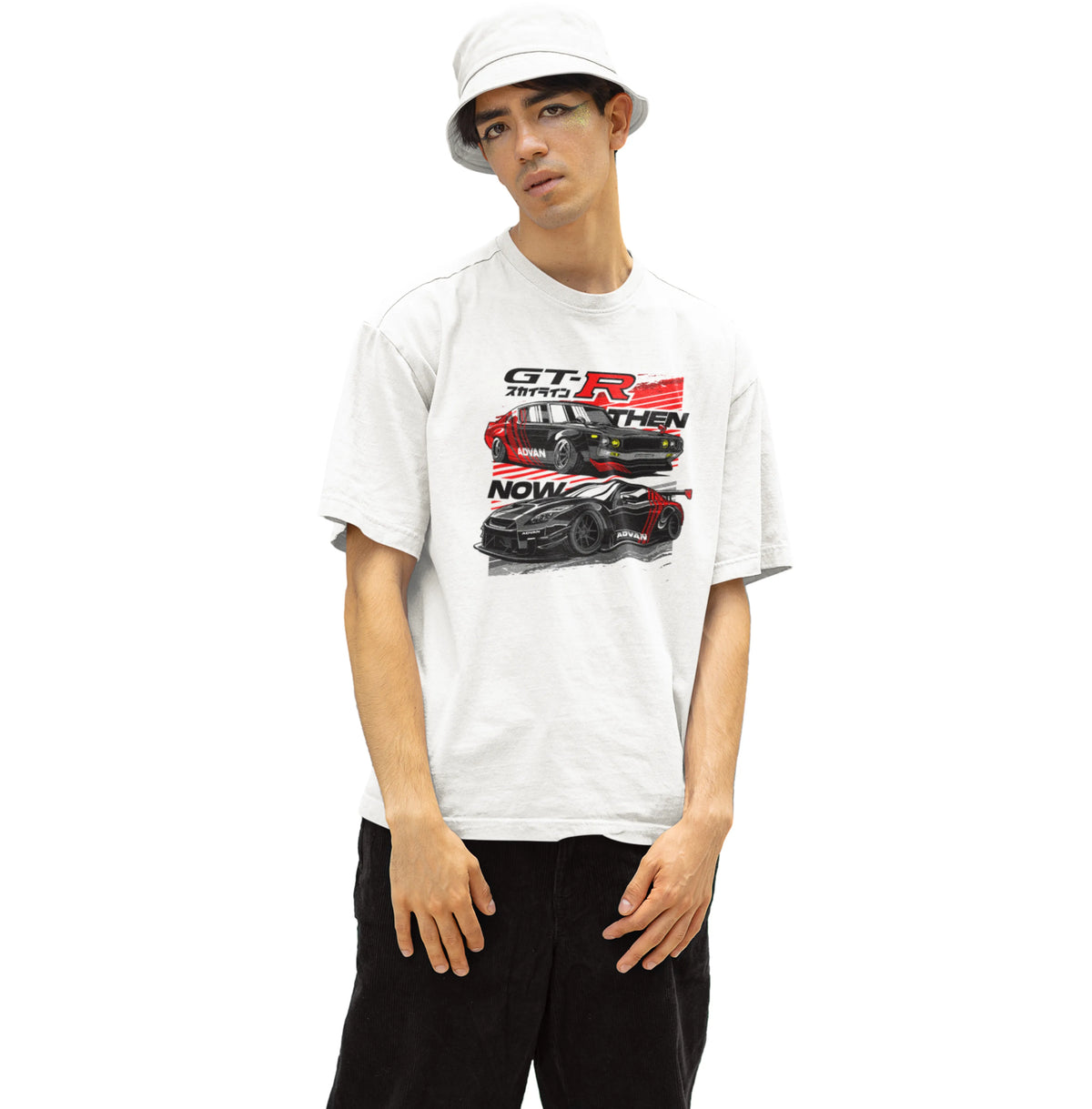 Person wearing a white t-shirt with a graphic design of a car and text.