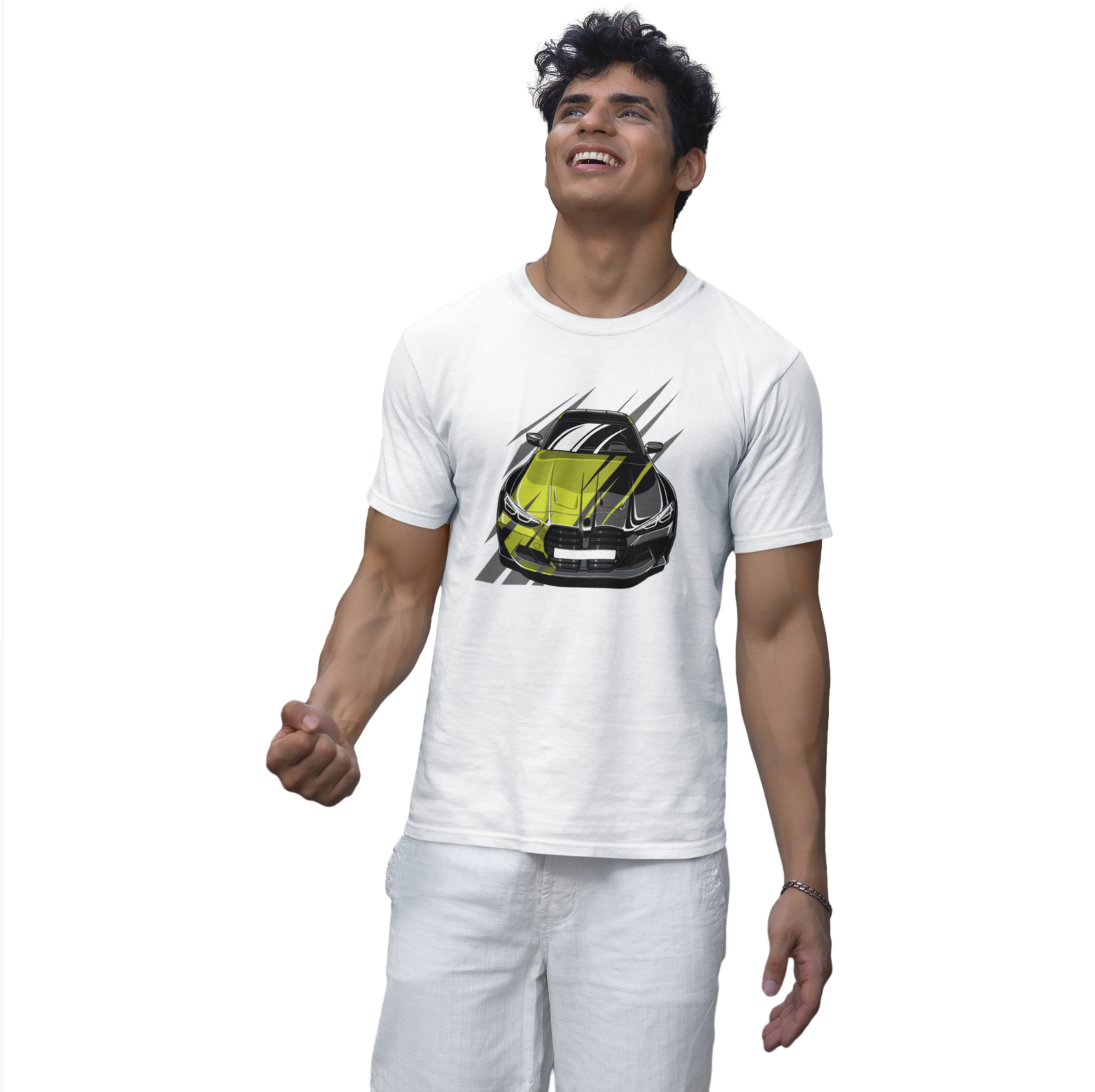 Man wearing a white t-shirt with a car graphic on a white background