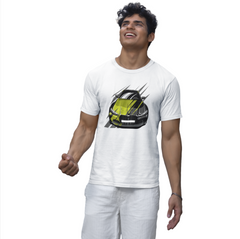 Man wearing a white t-shirt with a car graphic on a white background