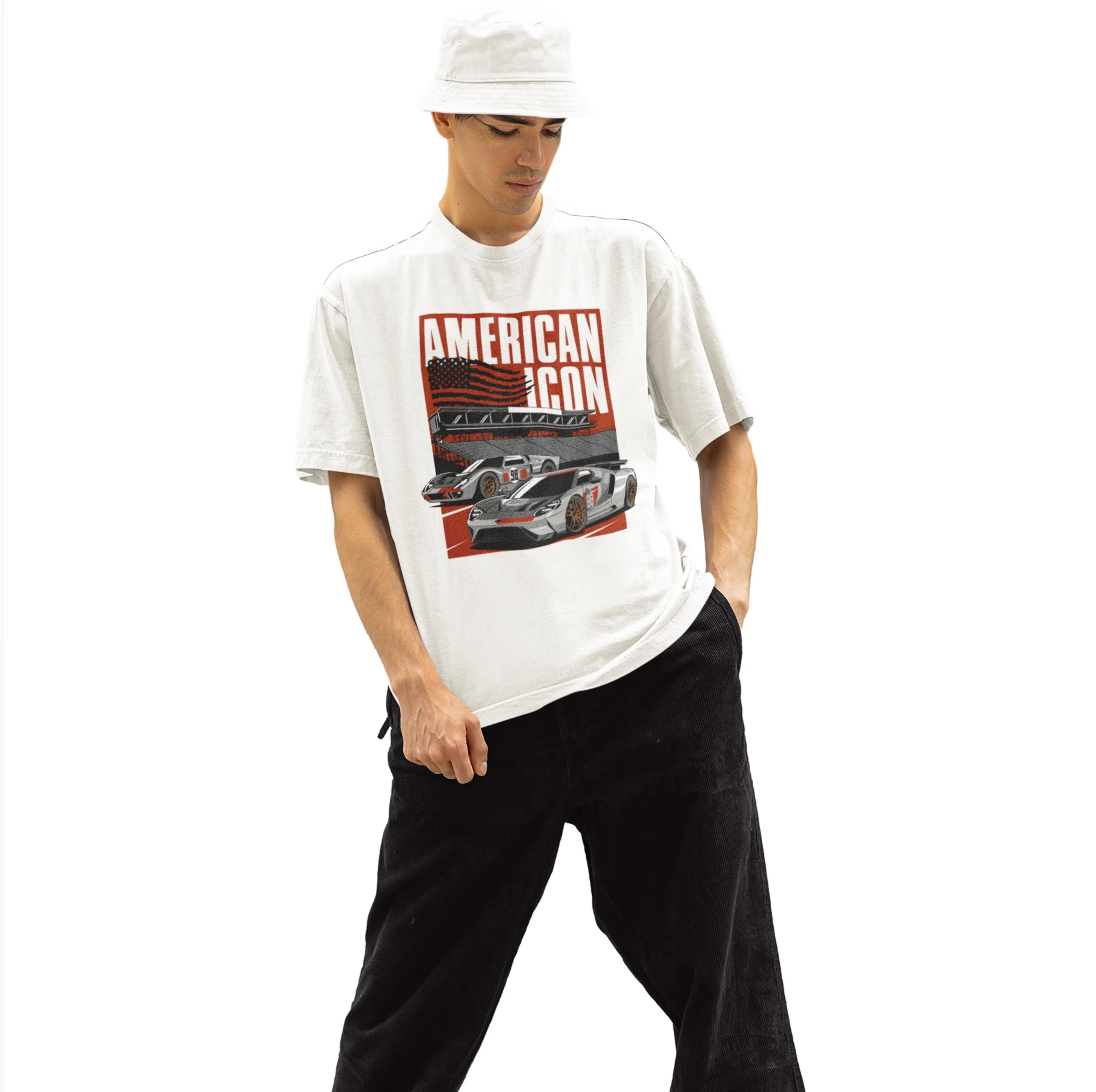 Person wearing a white t-shirt with a graphic design on a white background