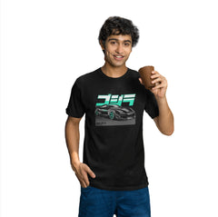 Man wearing a black t-shirt with a graphic design, holding a brown cup on a white background