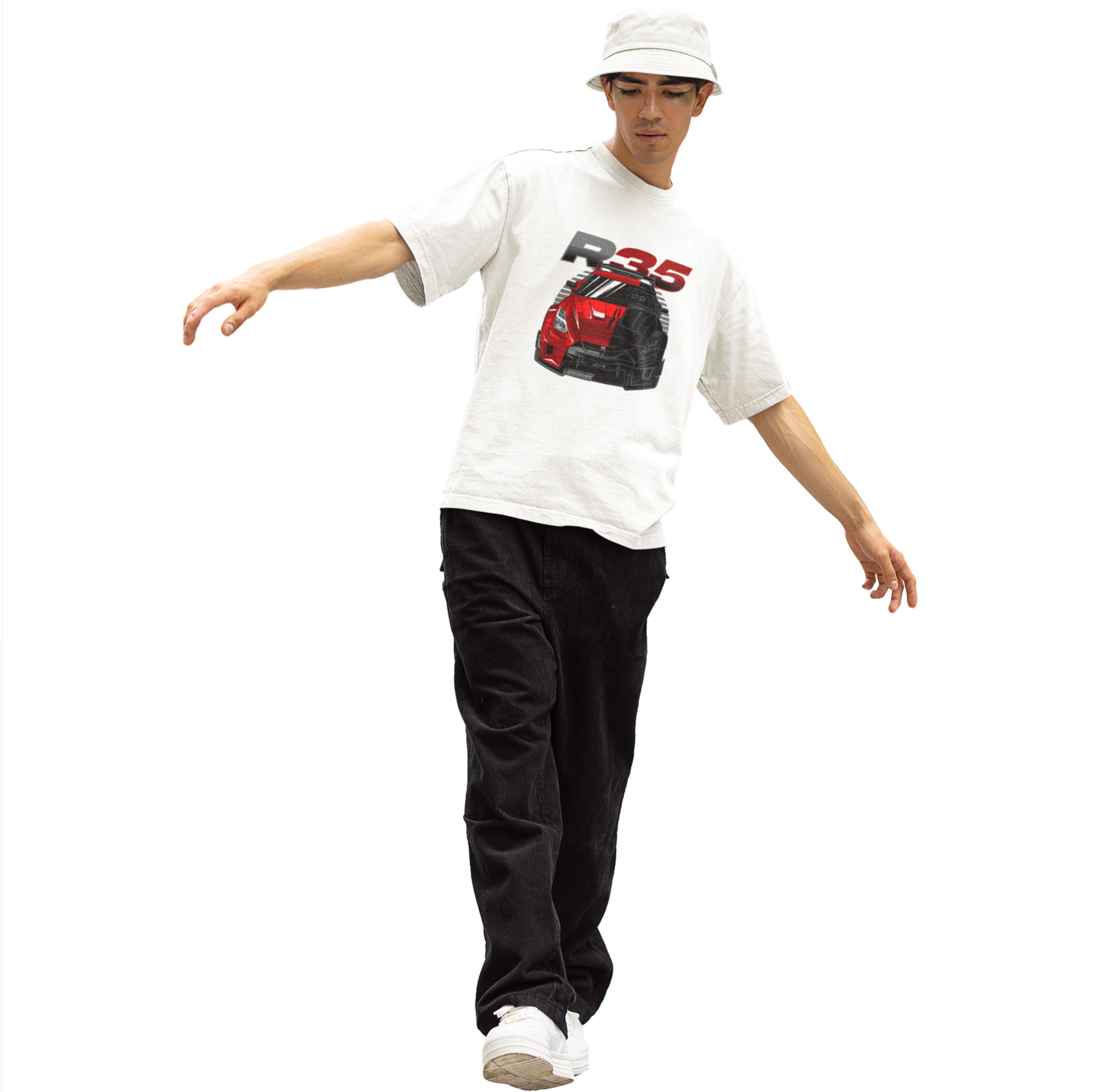 Person wearing a white t-shirt with a red and black graphic and text, black pants, and a white cap on a white background
