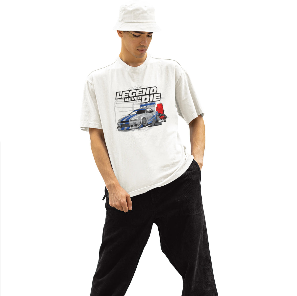 Person wearing a white t-shirt with a graphic design and text on a white background