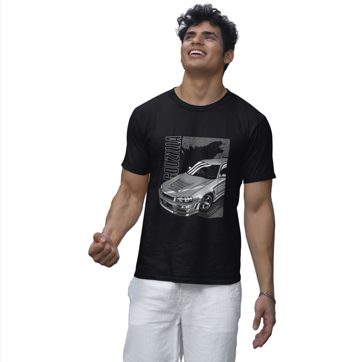 Man wearing a black t-shirt with a graphic design on a white background