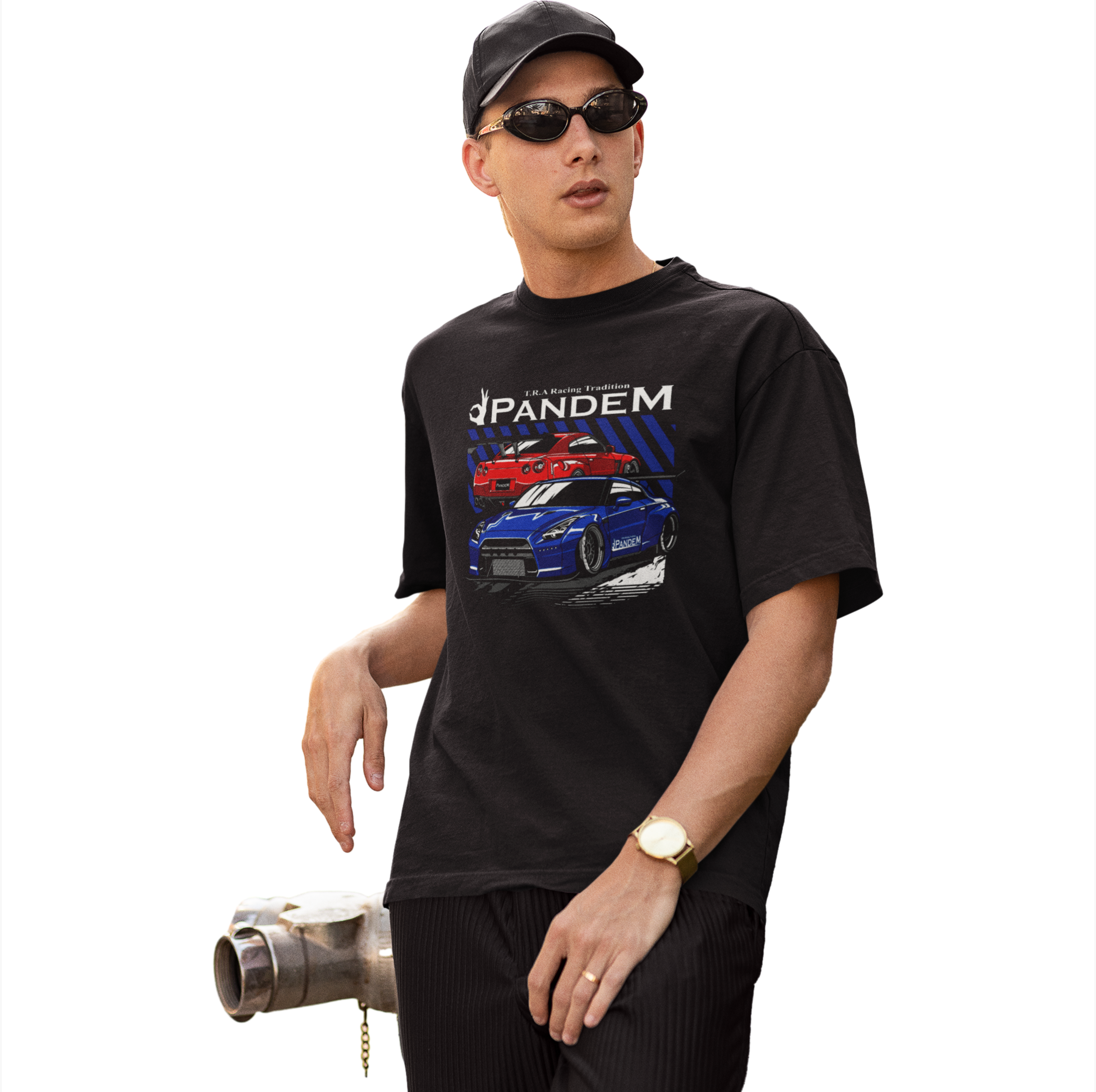 Man wearing a black t-shirt with a car graphic and 'Pandem' branding on a white background