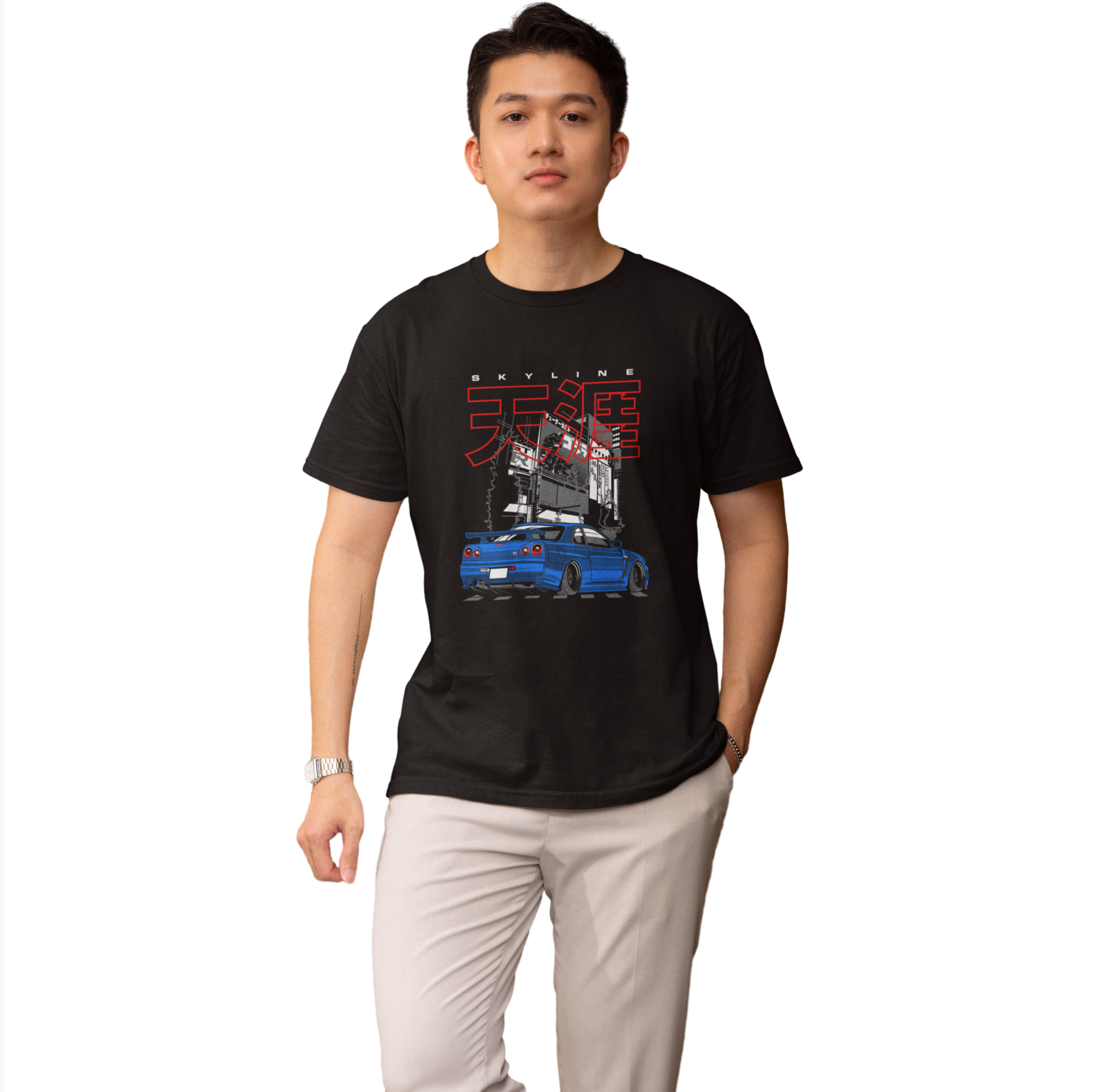 Person wearing a black t-shirt with a graphic design on a white background
