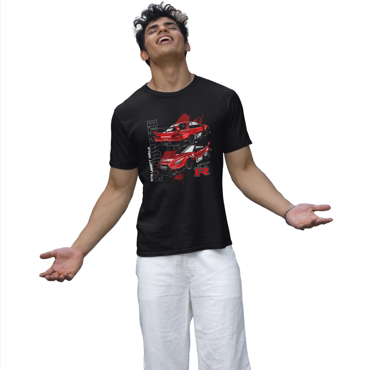 Person wearing a black t-shirt with red car graphics on a white background