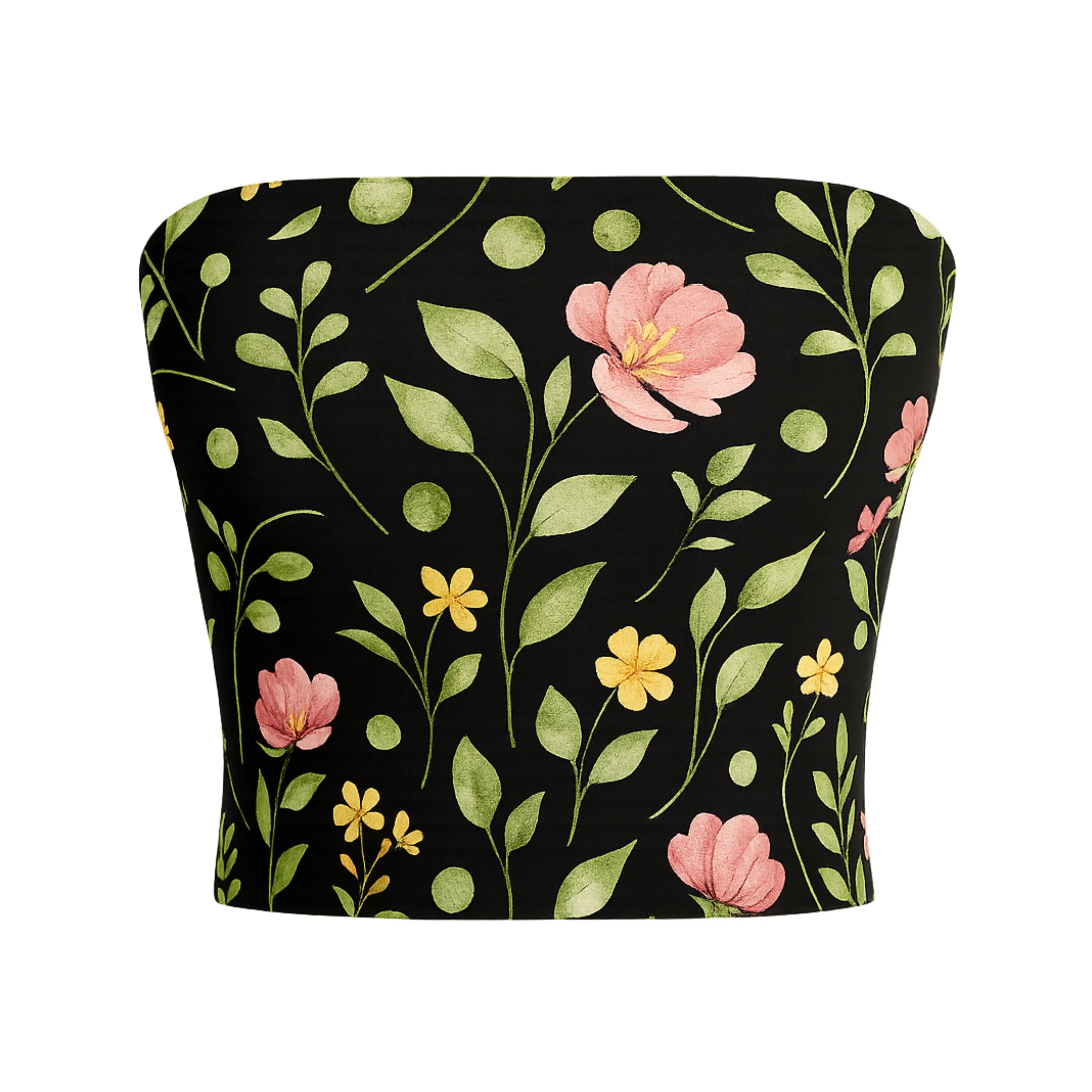 Floral bandeau top with pink and yellow flowers on a black background