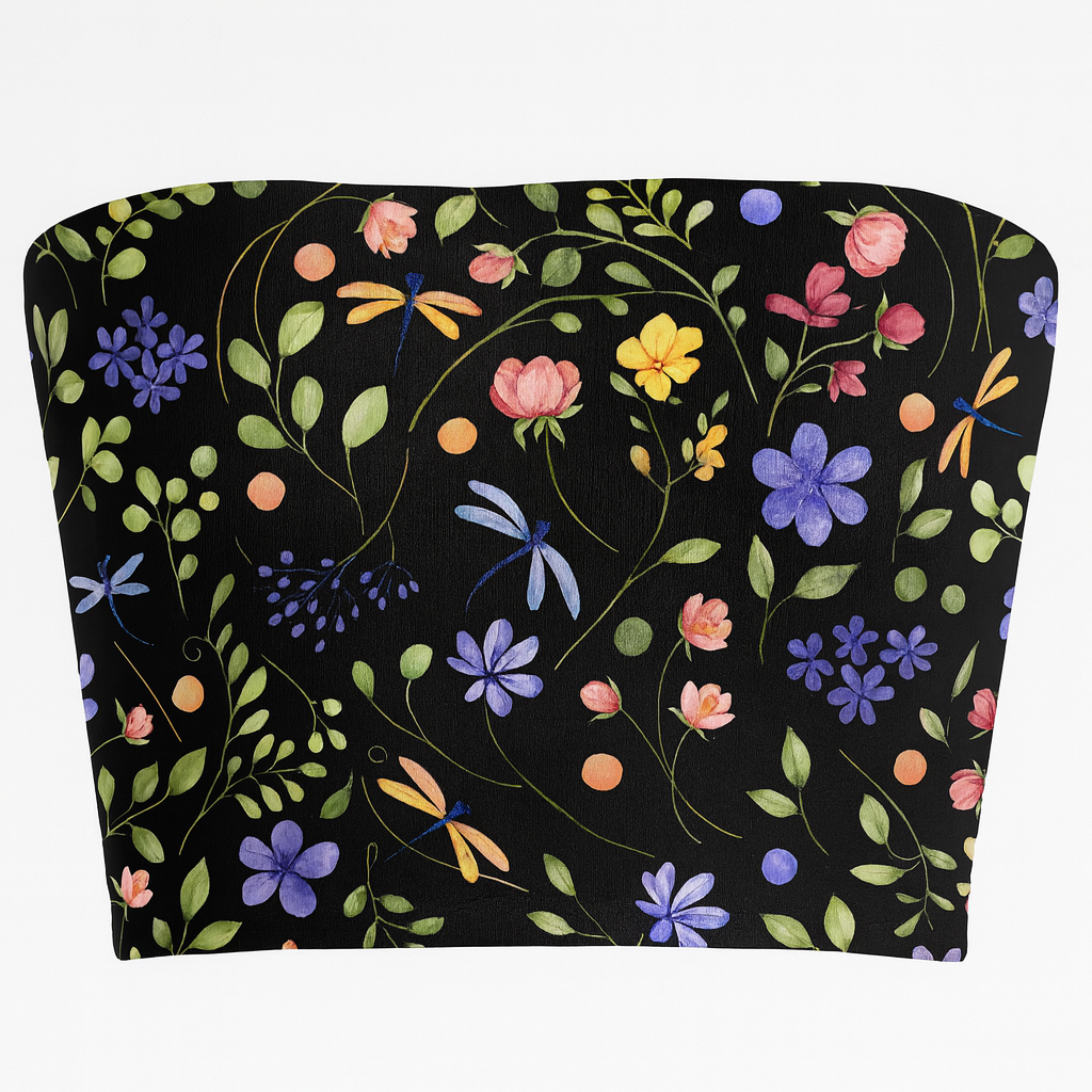Bandeau top with colorful floral pattern on a black background
