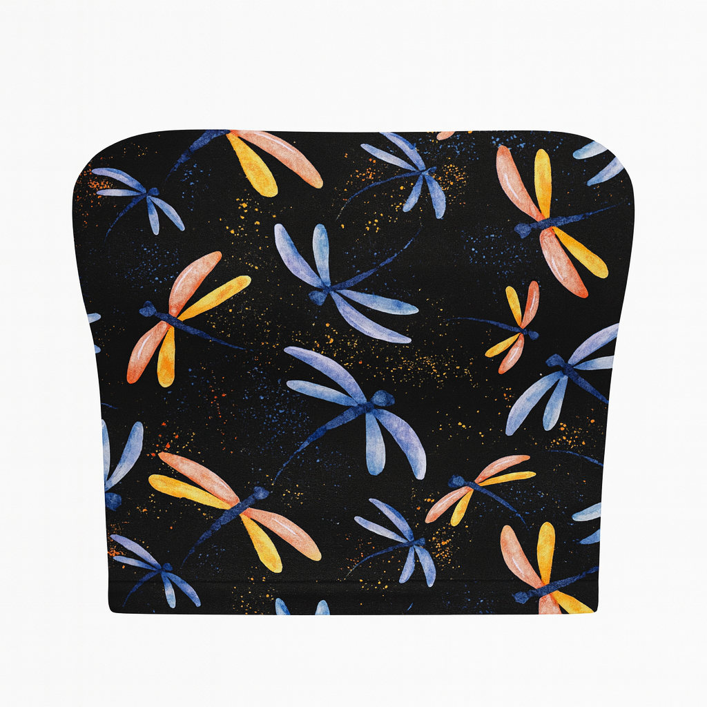 Tubular belt with colorful dragonfly pattern on a black background